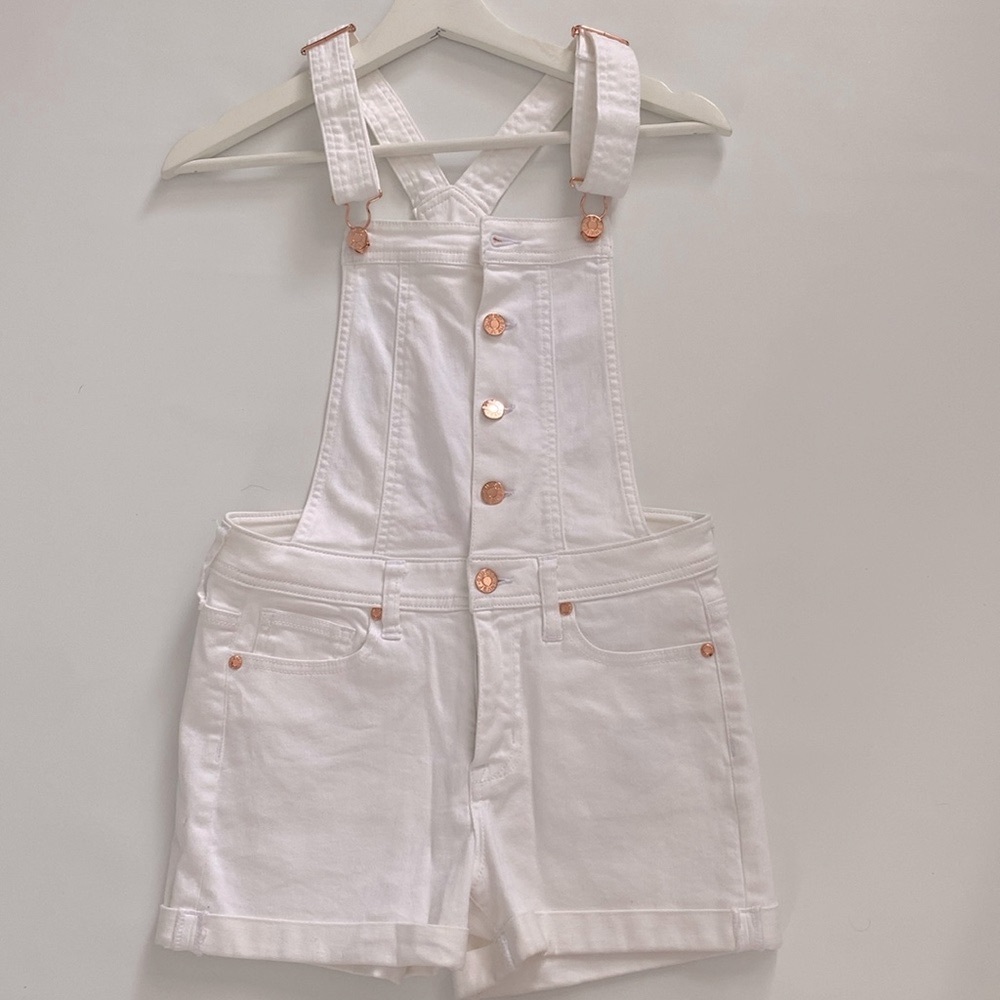 New White Denim Overalls with Copper Buttons